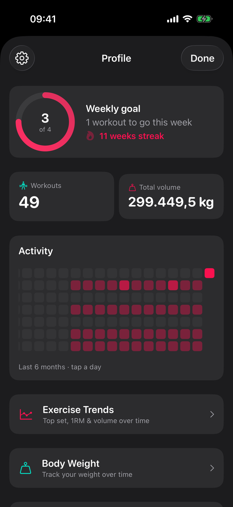 Spotter profile with weekly goal ring, streak, total volume and a six-month activity heatmap
