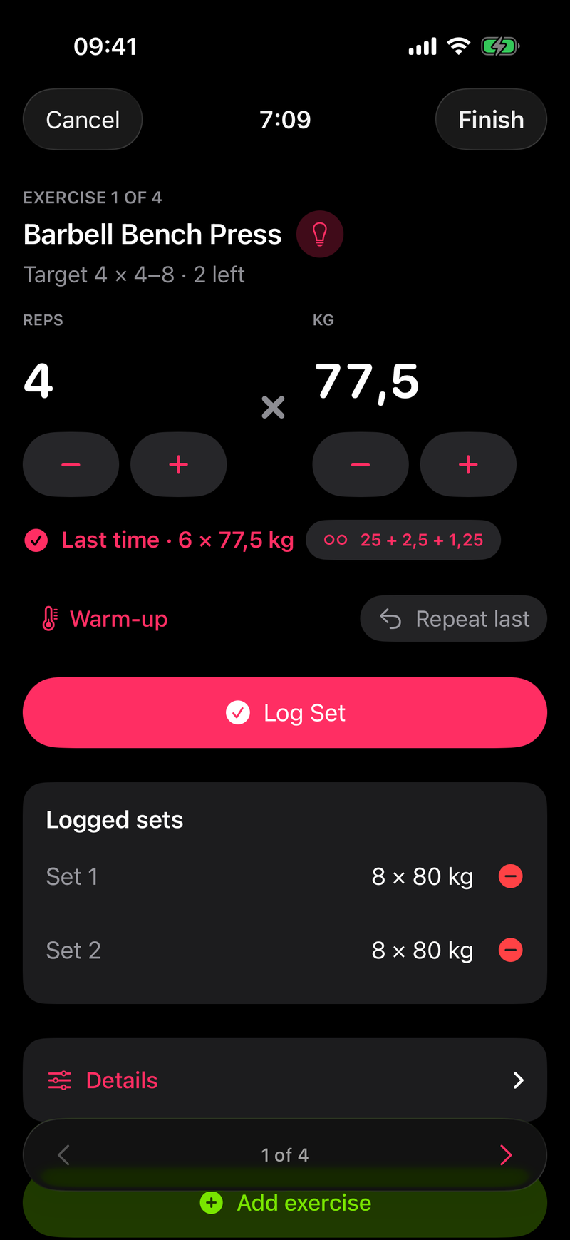 Spotter logging a set of barbell bench press in a live workout, with last time and plate math