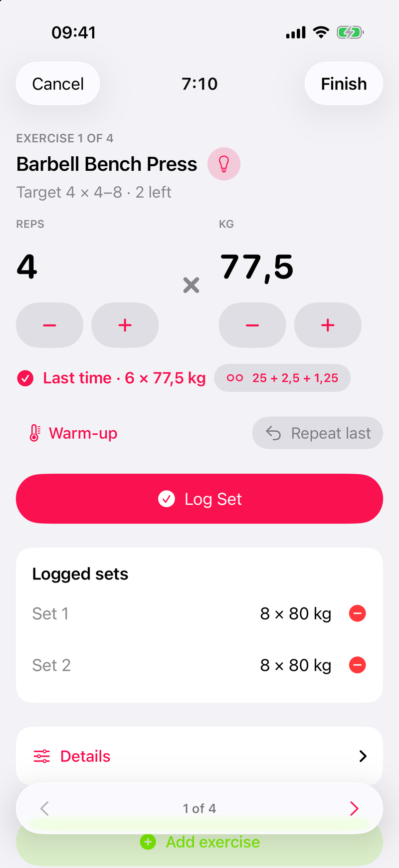Spotter logging a set of barbell bench press in a live workout, with last time and plate math