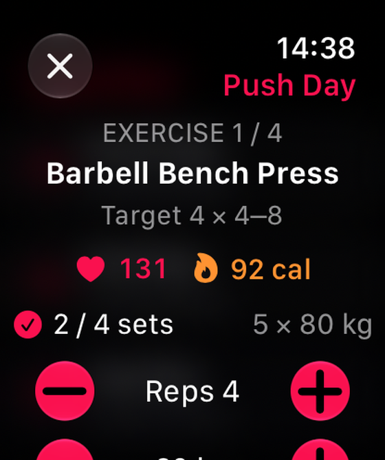 Spotter Apple Watch app logging a set during a workout