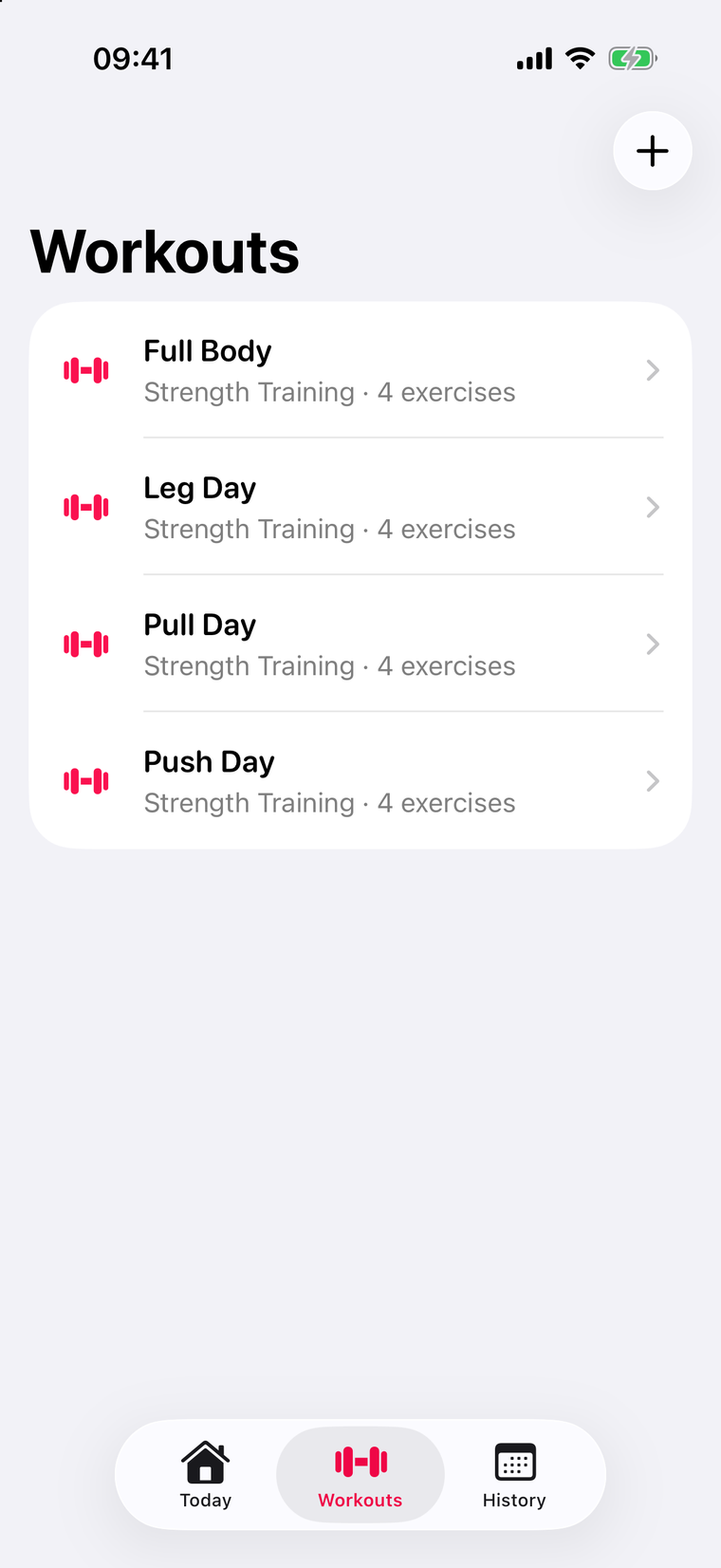 Spotter workout library with Push, Pull, Legs and Full Body routines